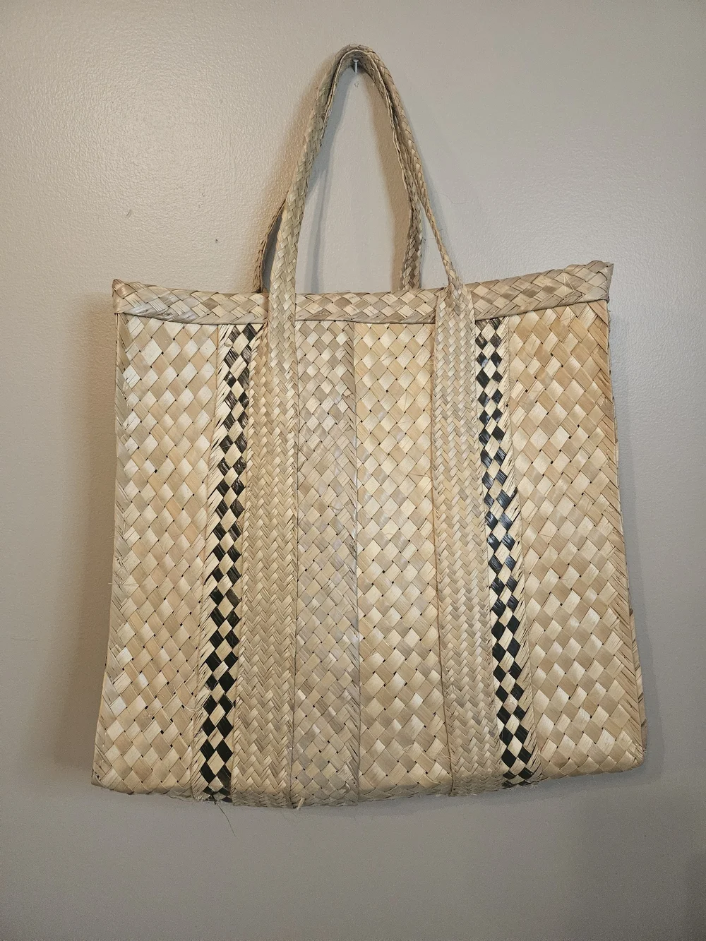 Woven Straw Tote Bag in Natural with Black Accent